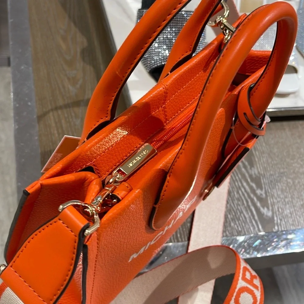 Michael Kors Mirella Small Pebbled Leather Shopper Top Zip Crossbody XBODY Poppy